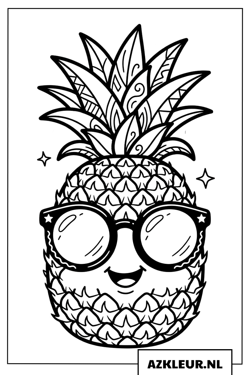 Kleurplaat van een ananas met een zonnebril