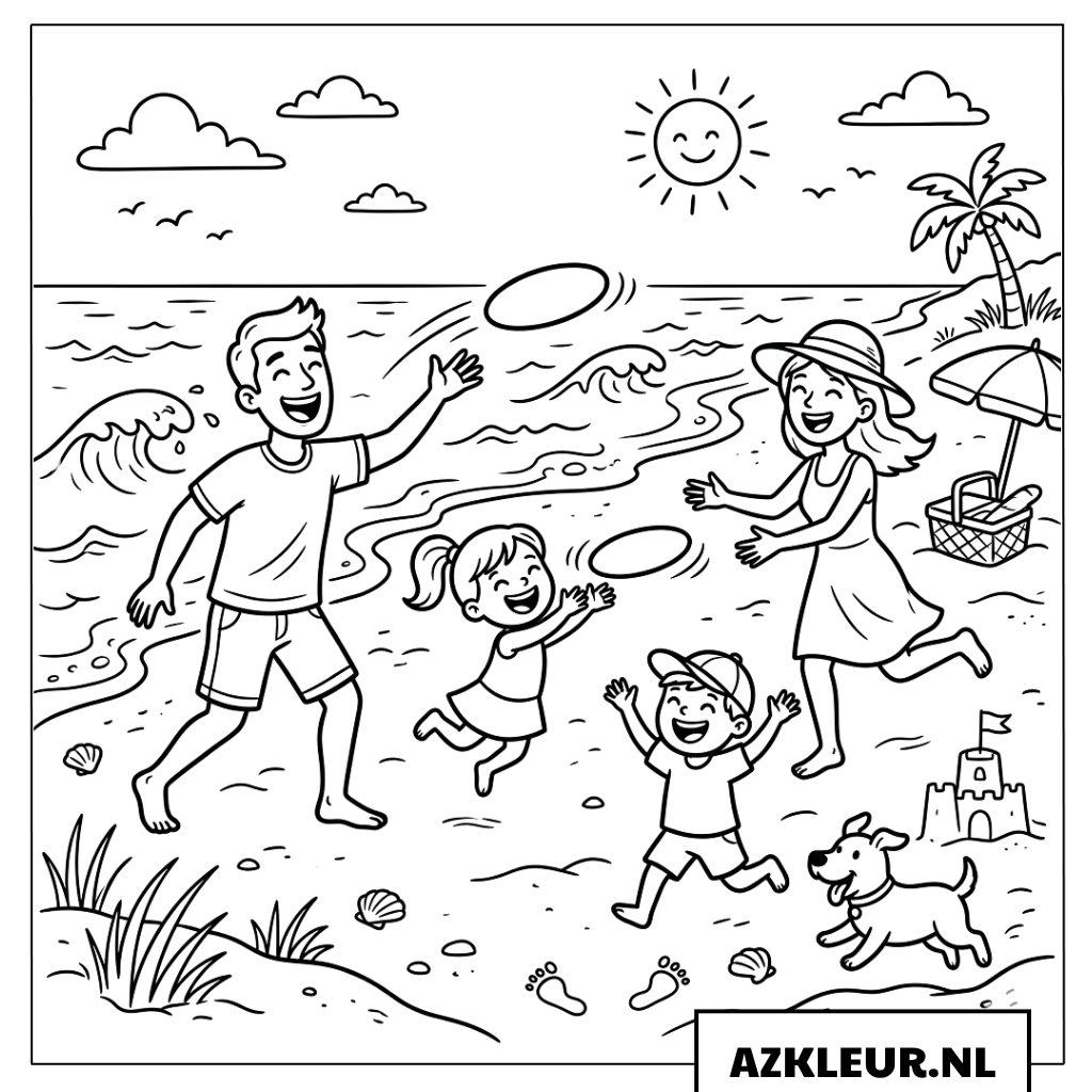 Kleurplaat van een familie die frisbee speelt