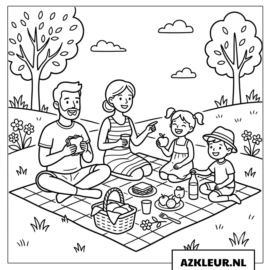Kleurplaat van een familie die picknickt