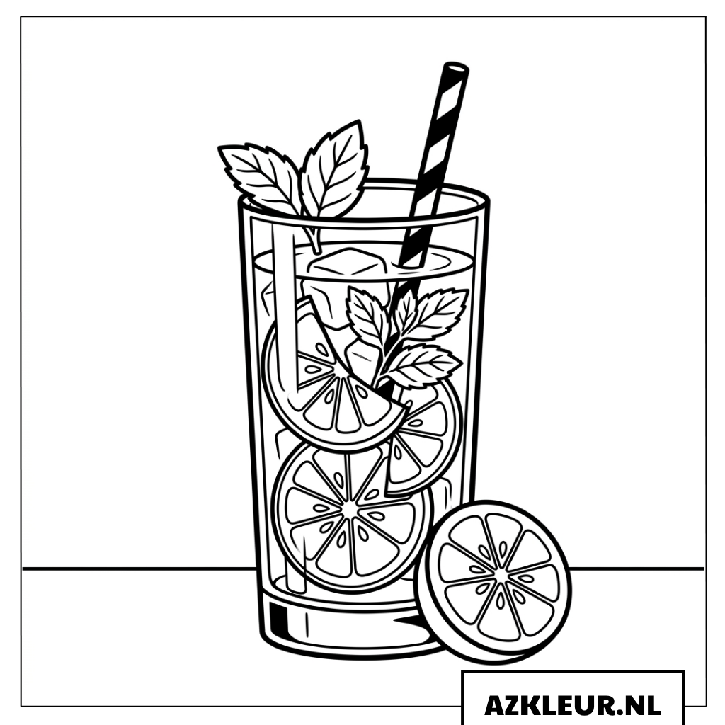 Kleurplaat van een glas citroen-muntthee