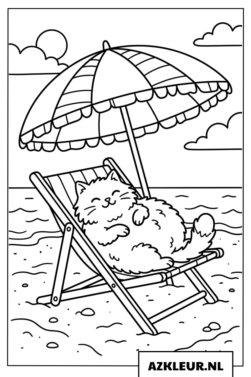 Kleurplaat van een kat op een strandstoel