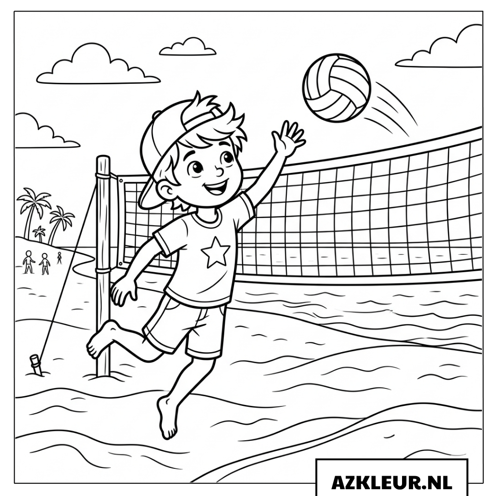 Kleurplaat van een kind dat volleybalt