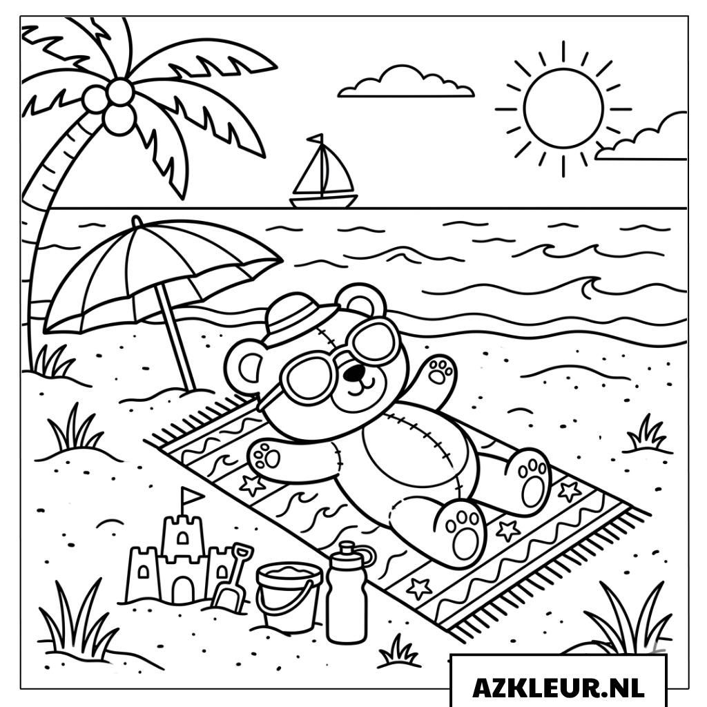 Kleurplaat van een knuffelbeer op het strand