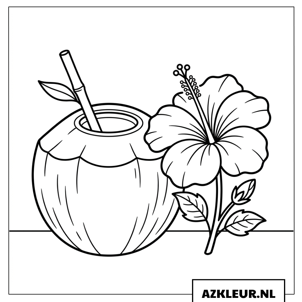 Kleurplaat van een kokosnoot en een hibiscusbloem