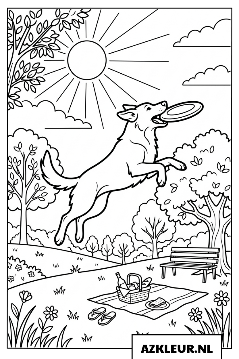 Kleurplaat van een puppy die een frisbee vangt
