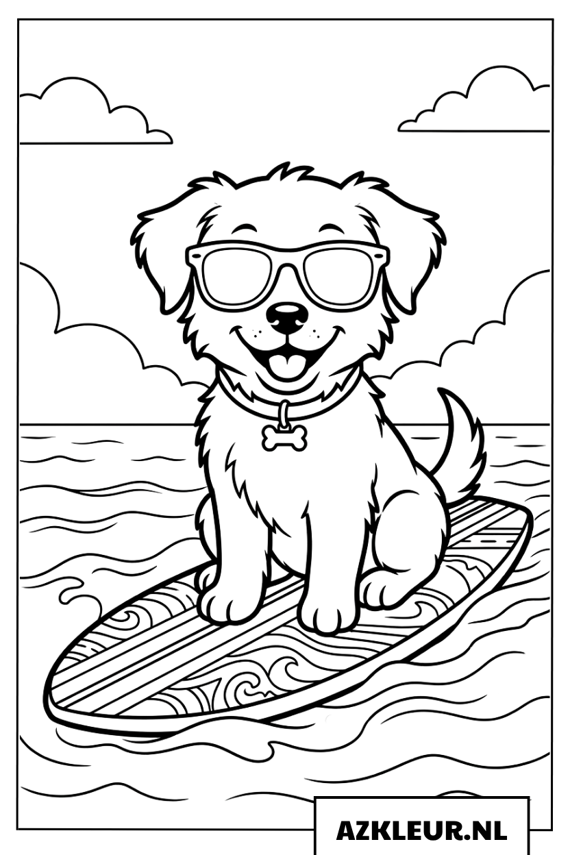 Kleurplaat van een puppy op een surfplank