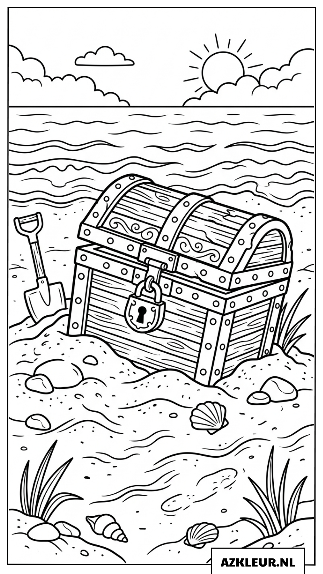 Kleurplaat van een schatkist op het strand