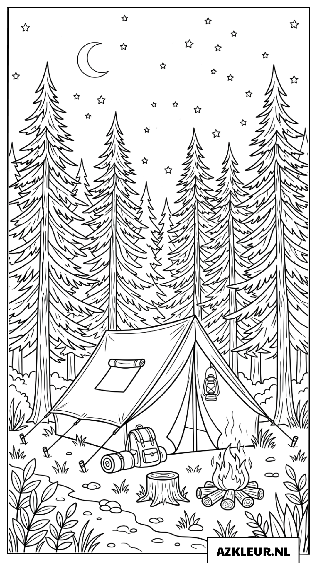 Kleurplaat van een tent in een bos bij nacht