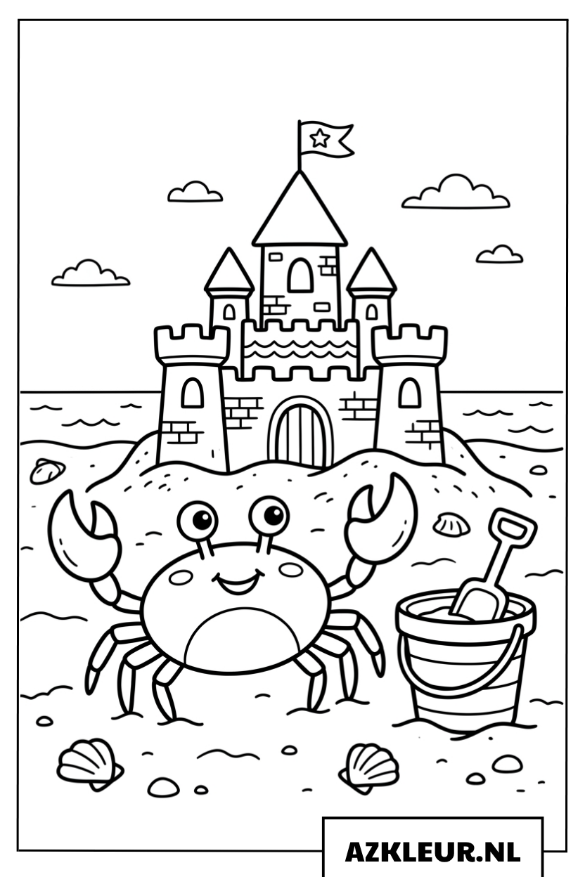 Kleurplaat van een zandkasteel met een krab