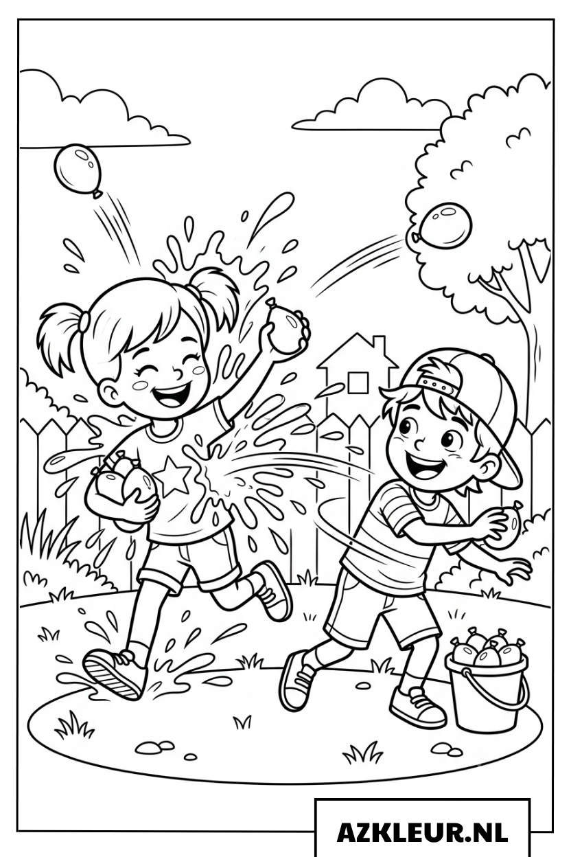 Kleurplaat van kinderen die met water spelen