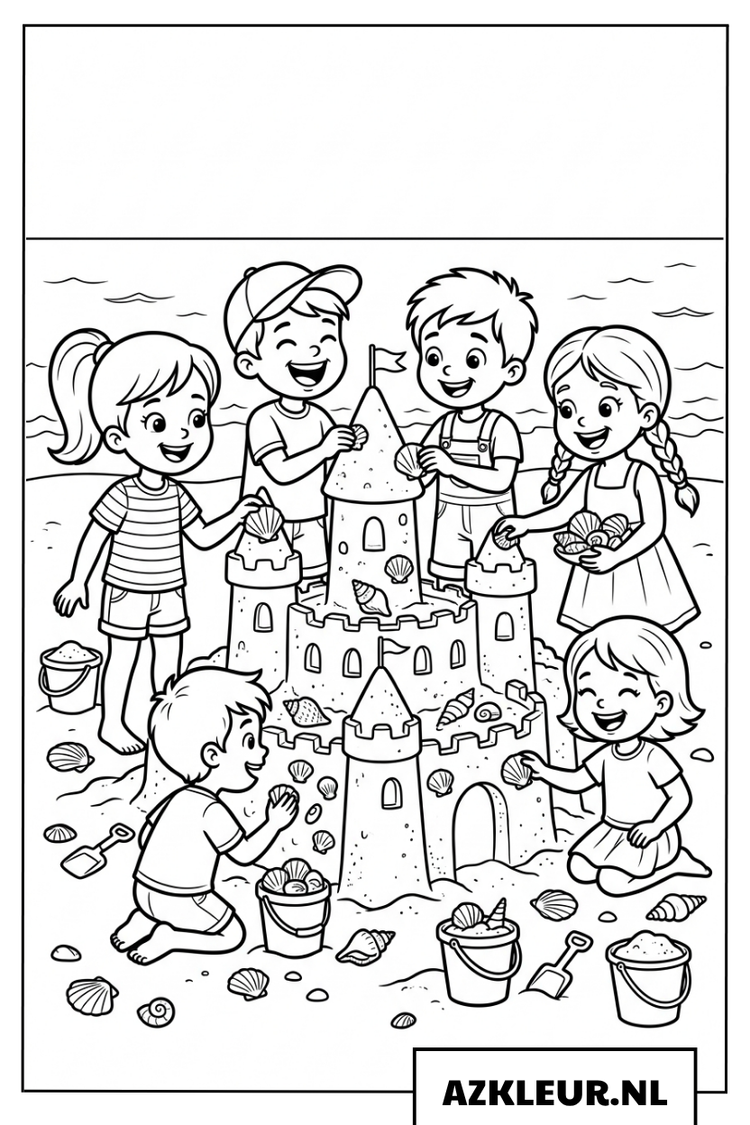 Kleurplaat van vriendjes die in het zand spelen